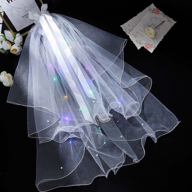 Foyte Light Up Wedding Bridal Veil 2 Tiers Bride Pearl Veils LED Bachelorette Bridal Hair Bow Short Tulle Hair Accessories - Image 5